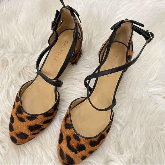 Talbots calf hair block heel heels 8 brown leather strap bow cheetah leopard - Picture 11 of 12